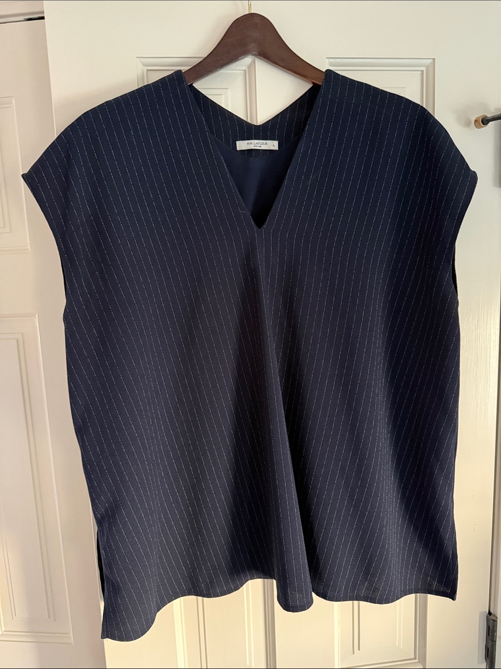 Mm Lafleur Navy Pinstripe Sleeveless V-Neck Shell